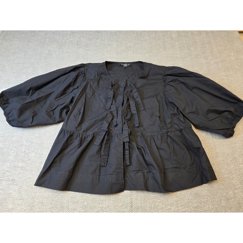 Velvet Heart Blouse Top Women's Large Black Cotton Tie Front Peplum Puff Sleeve